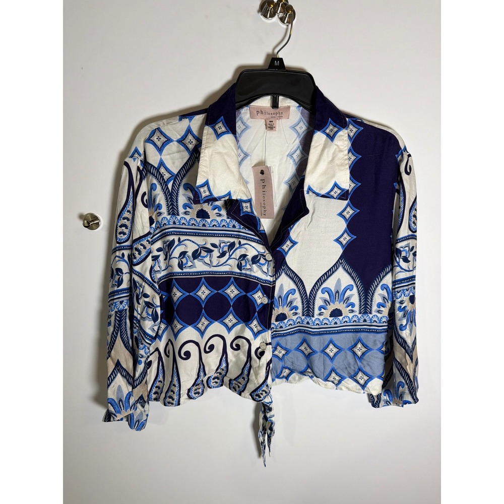 Philosophy Republic Clothing Blue White Paisley Tile  Tie Front Crop Shirt M